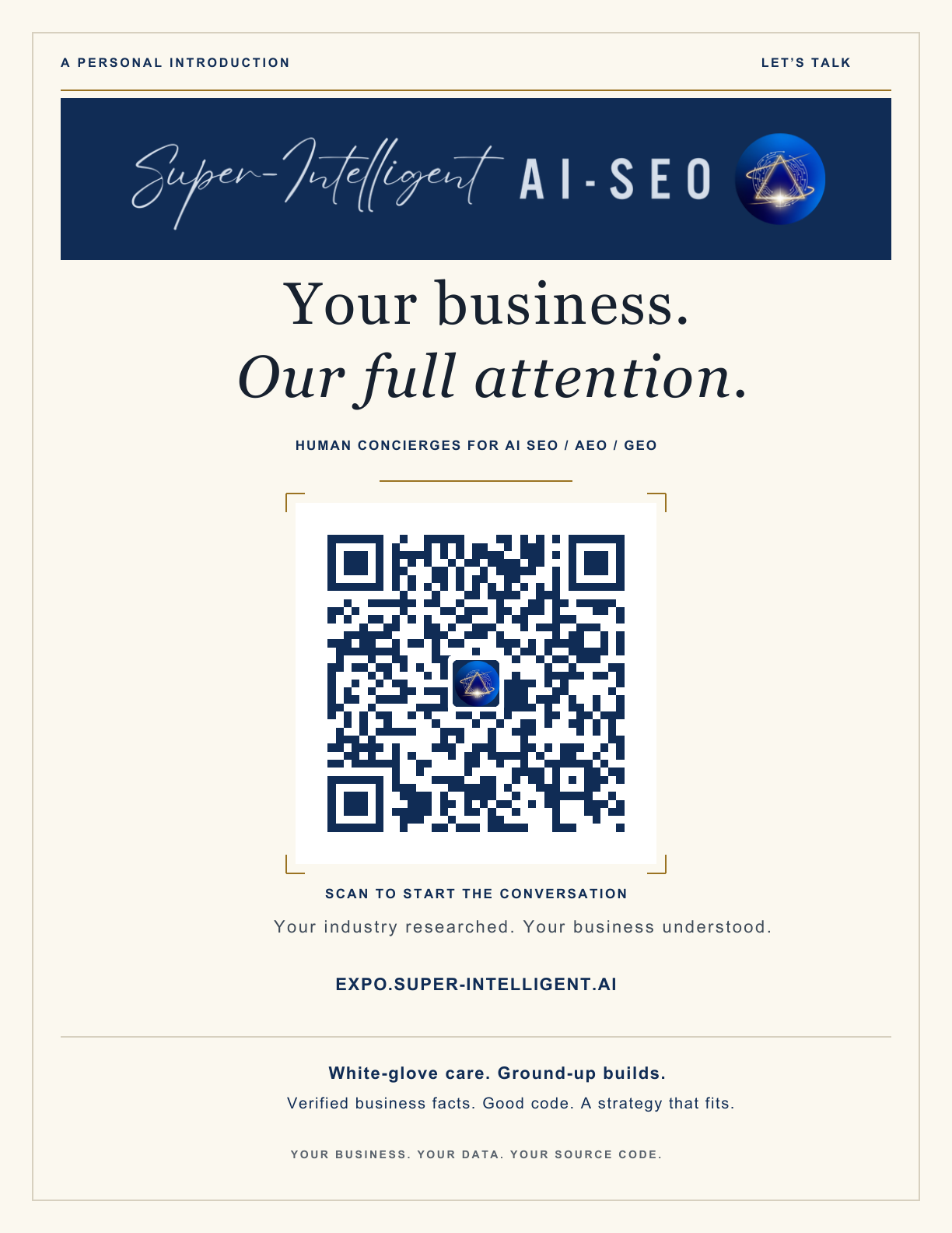 Cream and navy Super Intelligent outreach handout with a scannable QR code