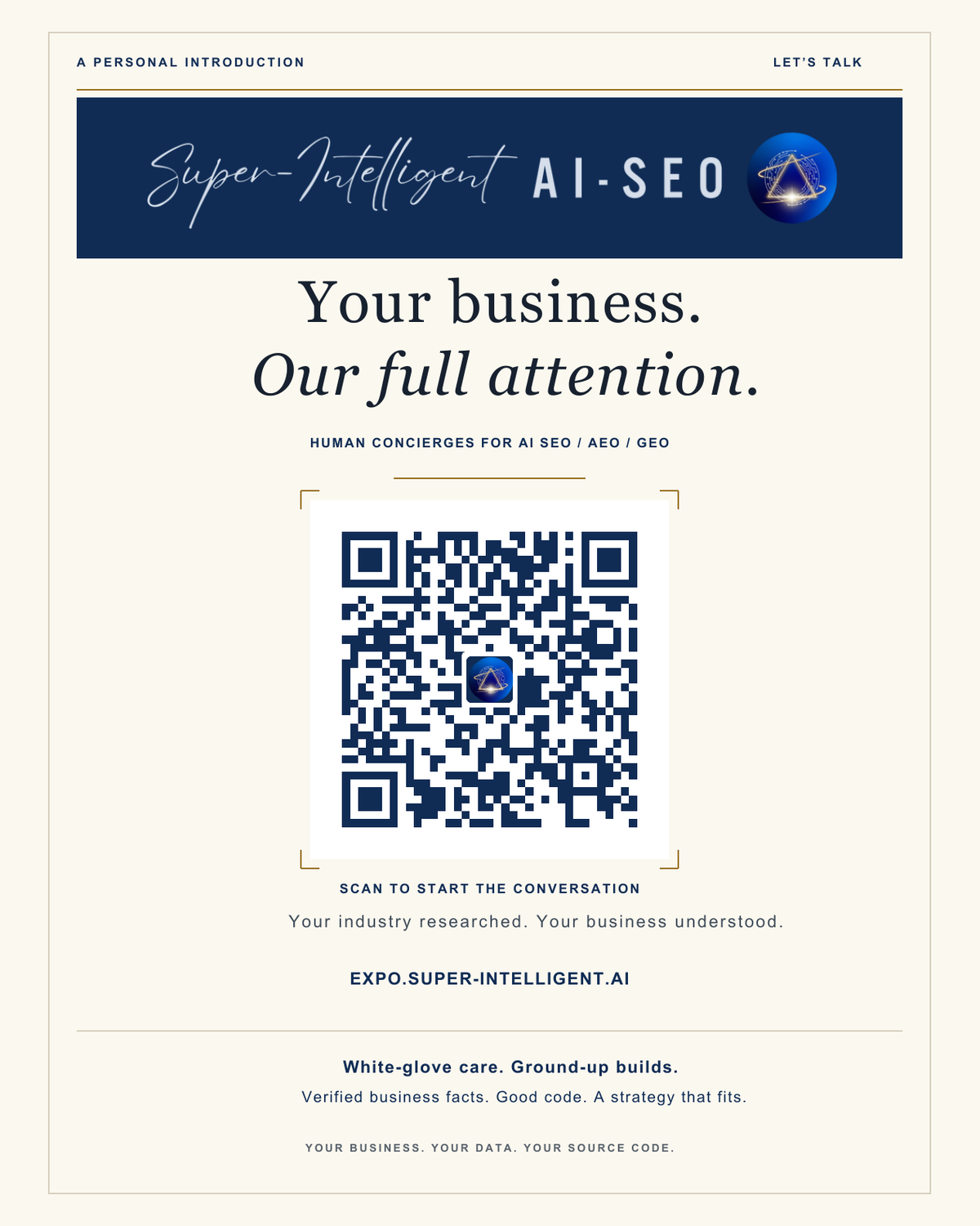 Portrait Super Intelligent graphic introducing white-glove AI SEO, AEO, and GEO services